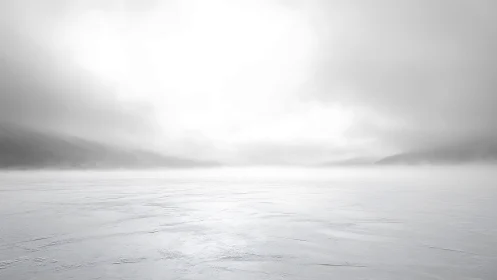 High-key frozen lake under diffuse fog-shrouded horizon light