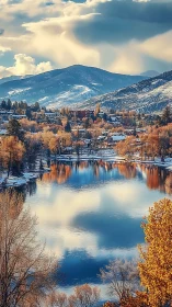 Mountain lake town under golden autumn light at dusk.
