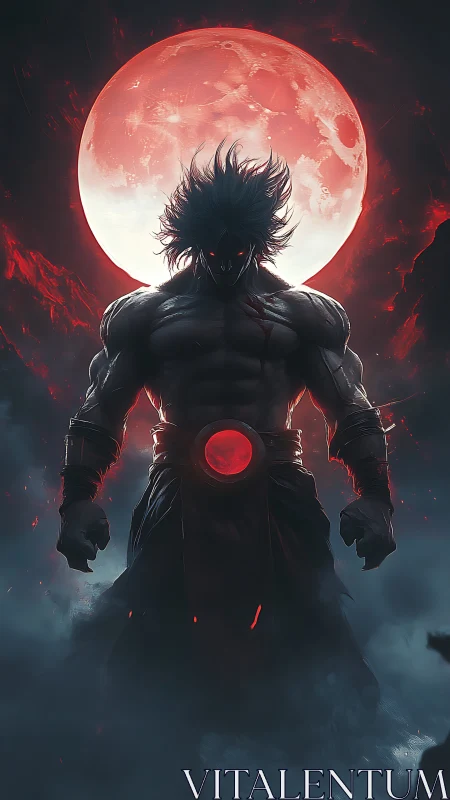 Shadow warrior rises beneath a blood moon in swirling gloom