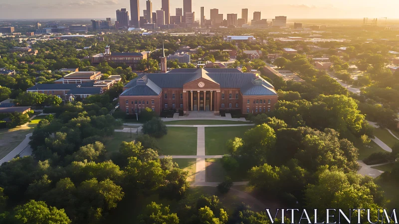 Sunlit campus hall embracing the city skyline beyond.