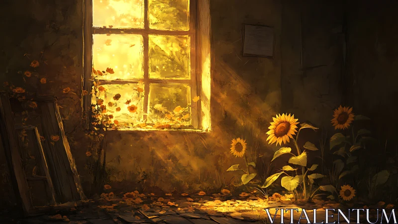 Sunlit window illuminates interior wall and sunflowers