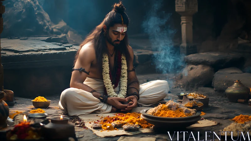 Figure sits in ritual space surrounded by offerings and smoke