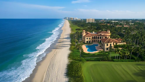 Oceanfront luxury estate beside pristine sandy shoreline.