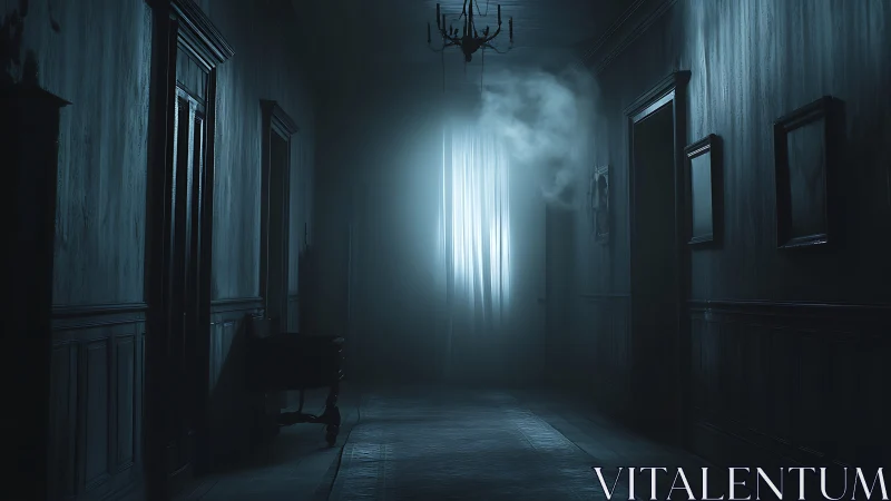 Dim corridor shows backlit window curtain and suspended mist