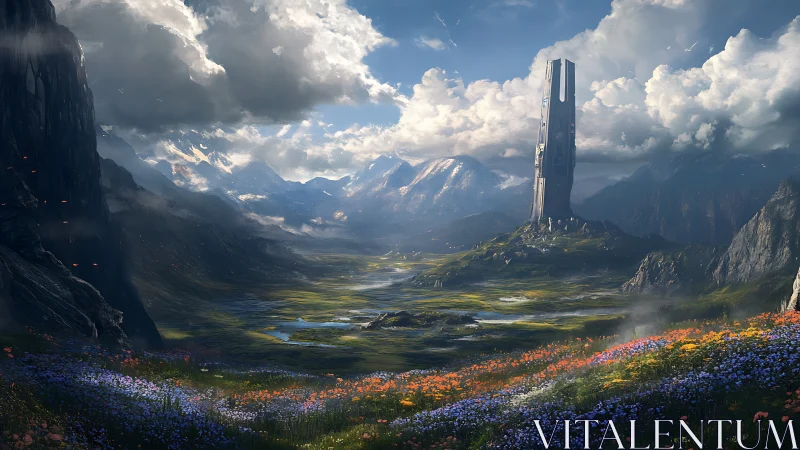 Futuristic tower rising over vast alpine flower valley.