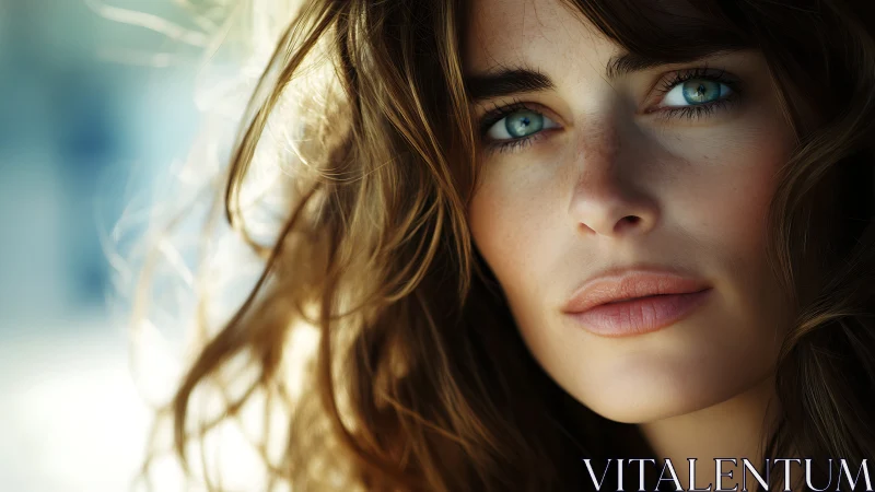 Portrait captures intense blue-eyed gaze in soft daylight