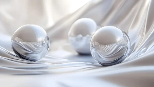 Three reflective glass spheres resting on silky white fabric.