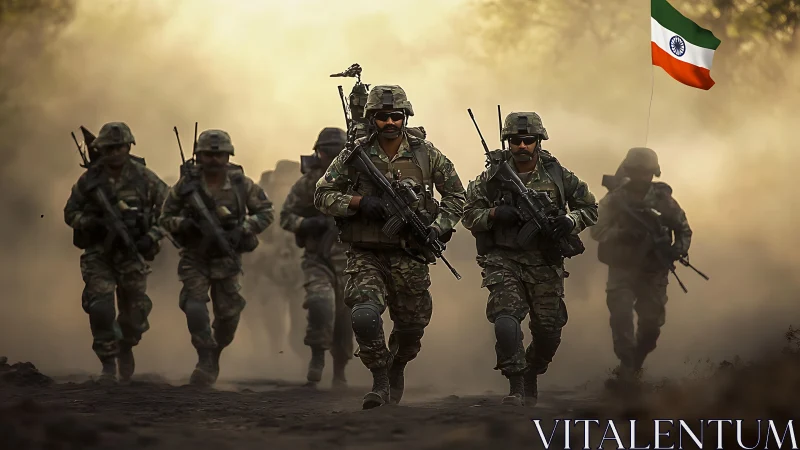 Dust-charged march of Indian soldiers under blazing resolve.