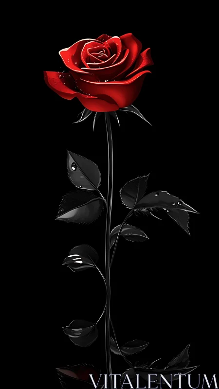 Crimson Rose with Metallic Petals Against Black Void.
