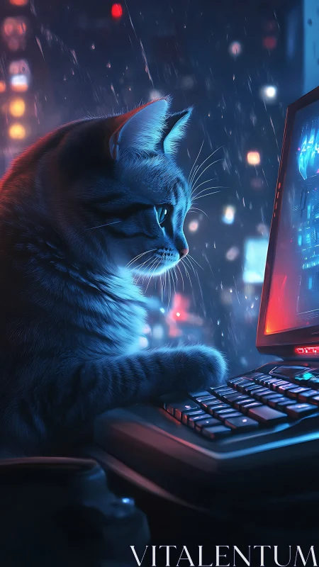 Cat at Computer Workstation in Neon Cyberpunk Setting