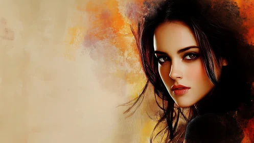 Portrait of a dark haired woman in warm abstract light.