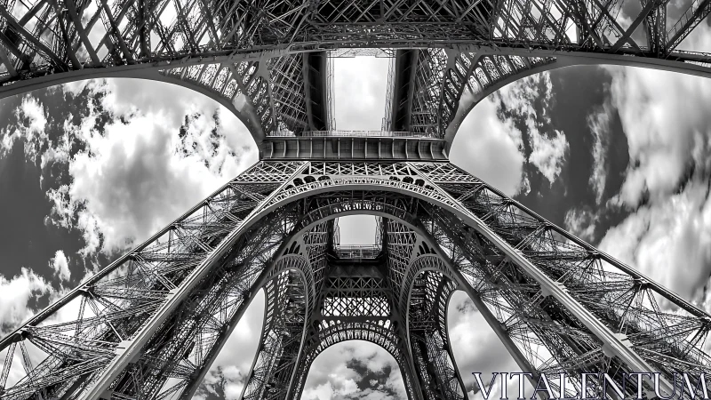 Monochrome upward view documents Eiffel Tower base structure