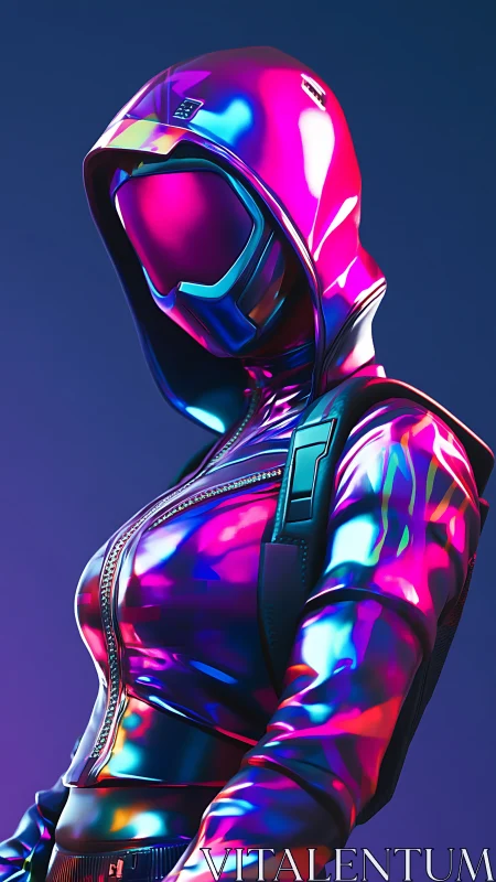 Neon cyber hooded figure in glossy reflective outfit.