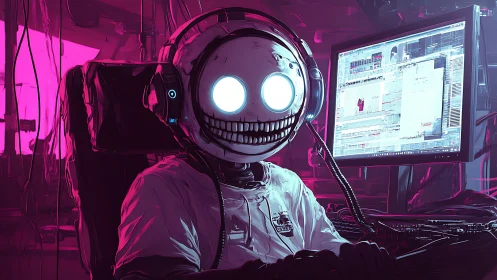 Cybernetic operator with luminescent visor monitors multi-screen workstation