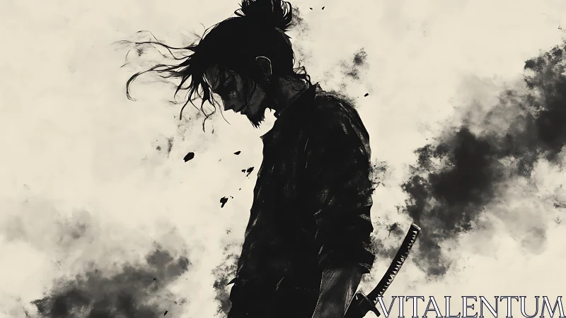 Solitary samurai bows his head amid swirling inked shadows