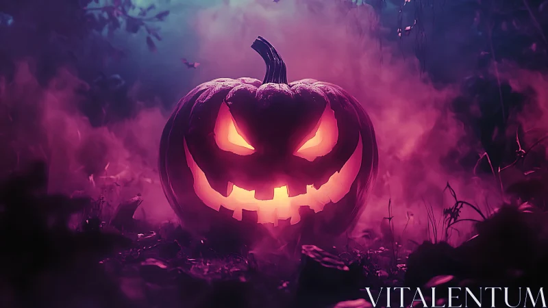 Sinister jack-o-lantern blazing in neon haunted mist.