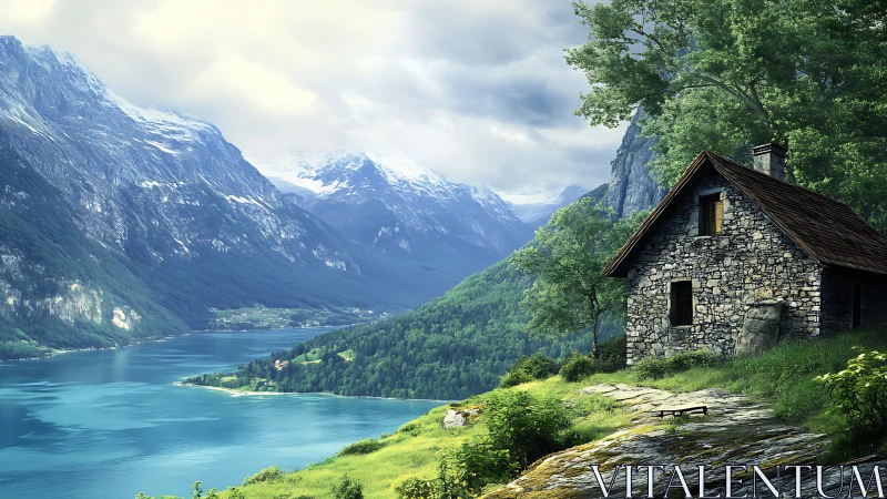 Cozy stone cabin overlooking turquoise mountain fjord.