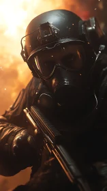 Tactical soldier in gas mask moving through explosion.
