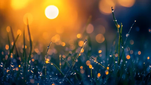 Backlit dew on grass blades under shallow depth and bokeh lighting