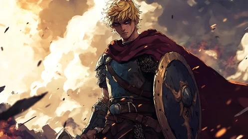Blond warrior prince stands defiant in stormlit battlefield.
