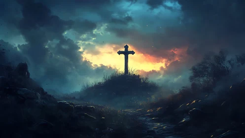 Lonely stone cross crowns a stormy hill at burning dusk