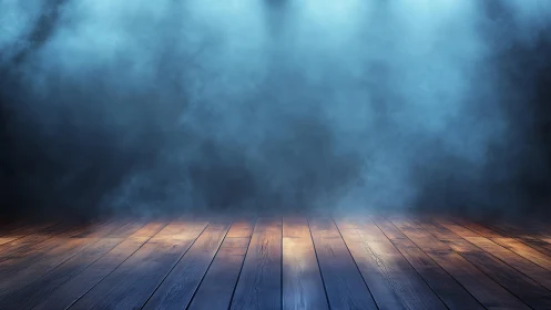 Empty wooden stage floor under blue hazy spotlights.