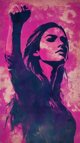 Defiant woman raises her fist in bold magenta protest art
