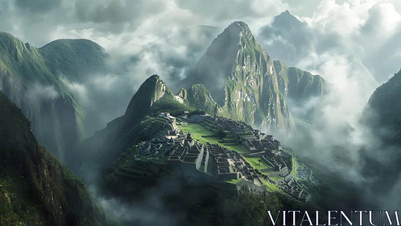 Mountain citadel in morning mist above emerald valleys.