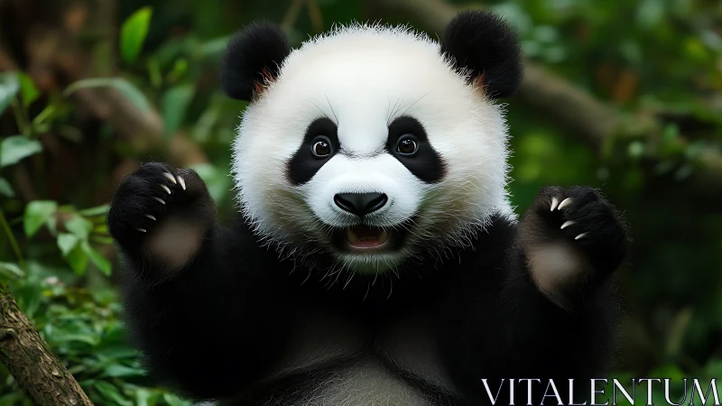 Playful baby panda raises its paws in lush green forest