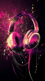 Neon audio headset with dynamic paint-splash abstraction.