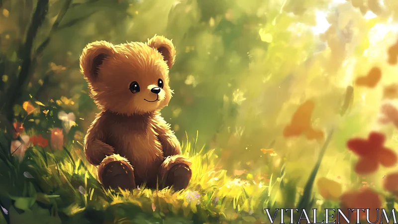 Soft teddy bear glows in magical sunlit forest meadow