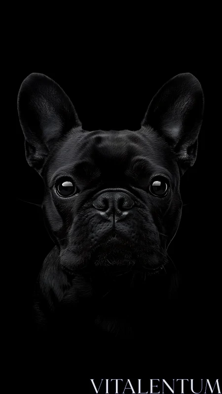 Black French bulldog portrait emerges from deep darkness.