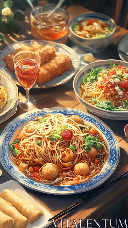 Sunlit noodle banquet displaying textured broth gloss and garnishes