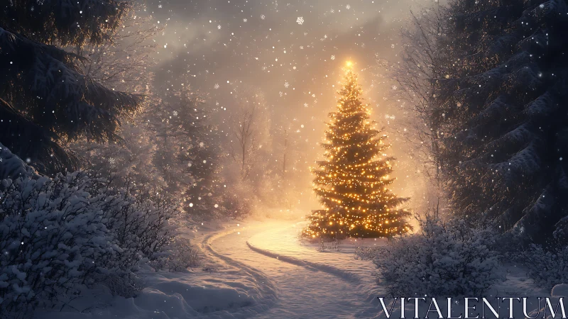 Golden Christmas tree glowing softly in a snowy forest.