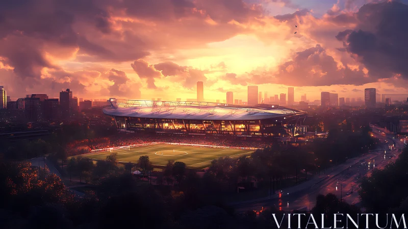Sunset city football stadium with illuminated match field.
