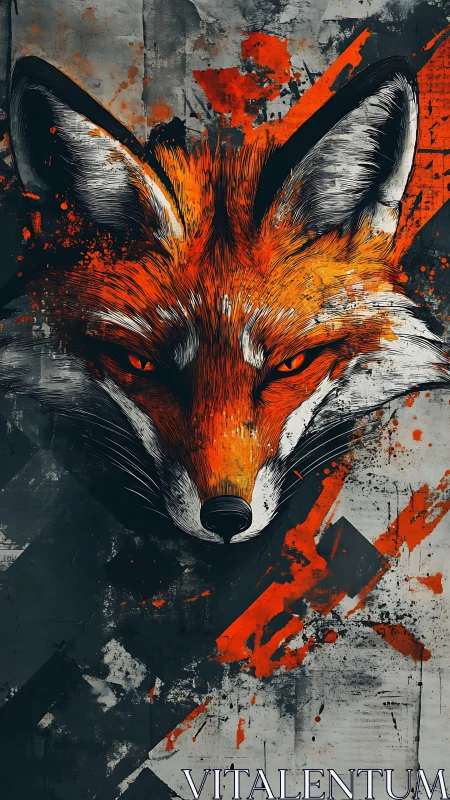 Digital painting of a fox head with abstract grunge geometry.