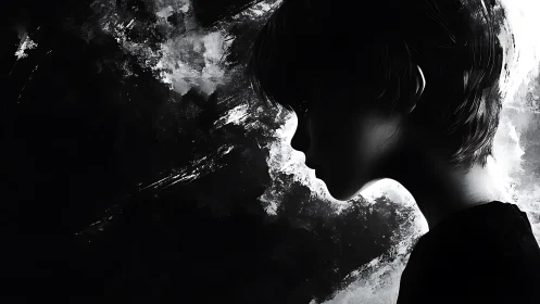 Solitary child silhouette contemplates in stark monochrome.