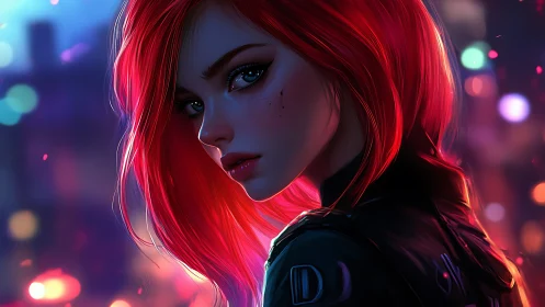 Mysterious red haired heroine glows in neon city night.