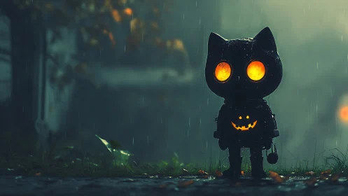 Halloween cat robot with glowing pumpkin eyes in rain.