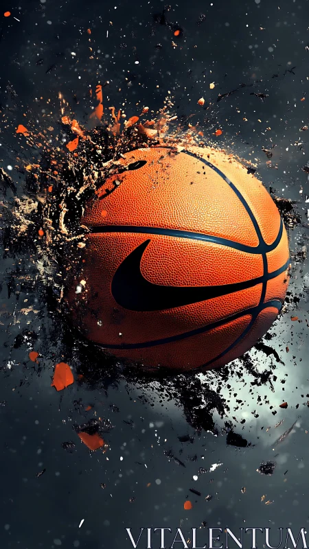 Exploding orange basketball with dark dramatic background.