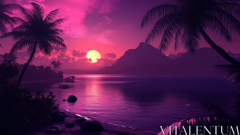 Neon twilight lagoon under magenta sun and whispering palms.
