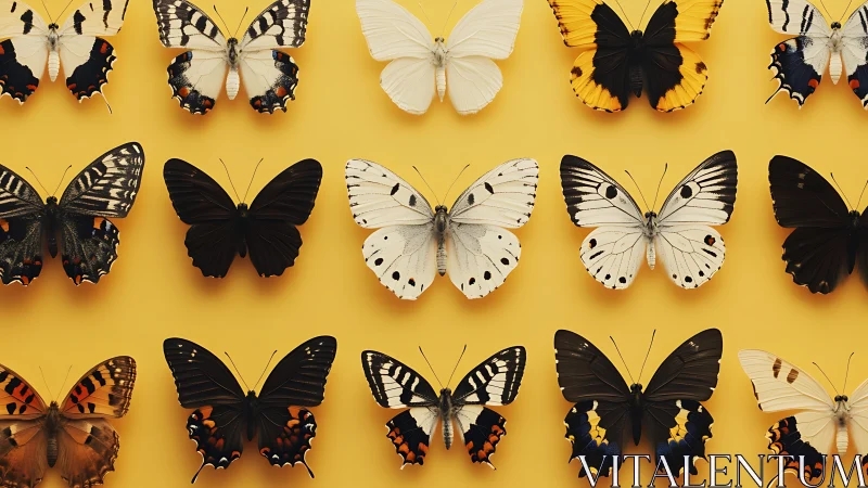 Orderly grid of varied butterflies on plain yellow background.