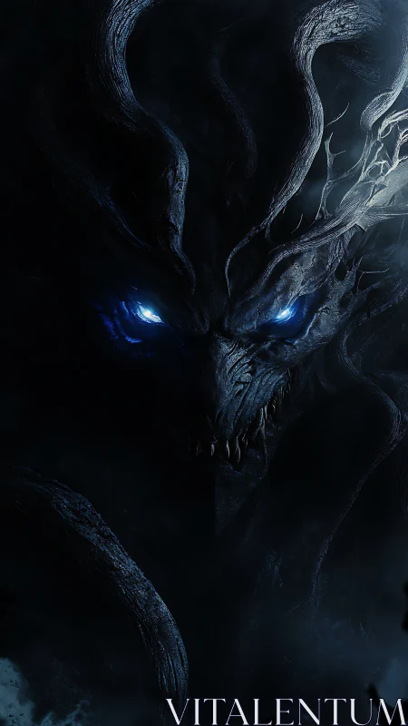 Shadowy horned creature with glowing blue eyes in darkness.