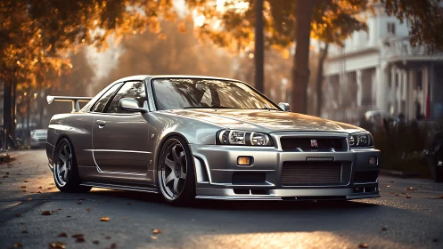 Silver Nissan GT-R R34 glows in warm autumn street light.