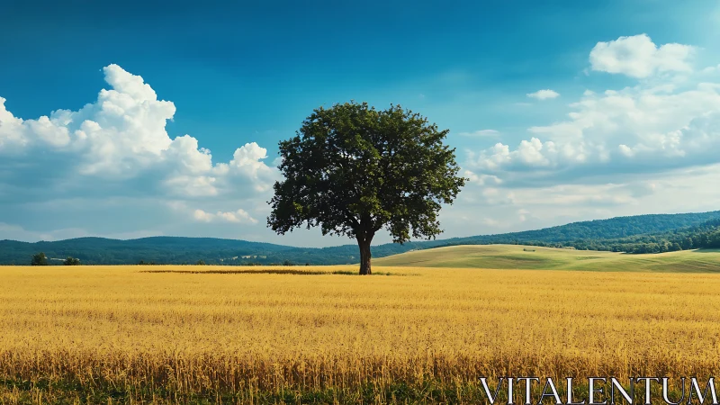 Isolated deciduous tree centered in ripe cereal field under cumulus sky