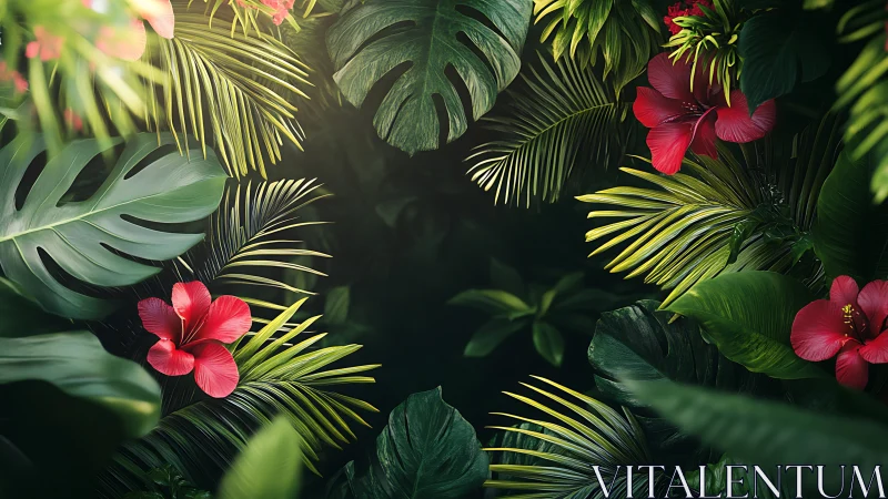 Lush tropical leaves and red hibiscus in gentle jungle light.