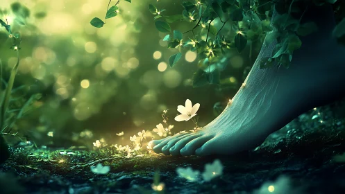 Bare human foot in glowing green forest with white flower.