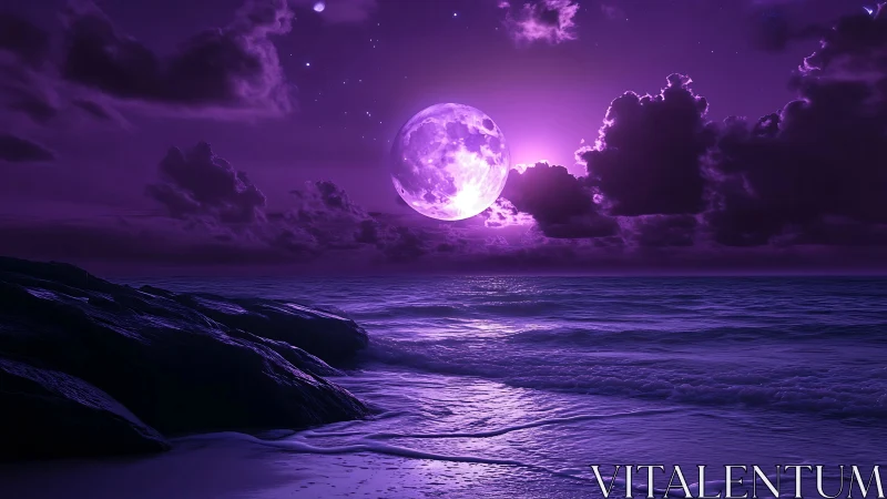 Violet full moon illuminates calm ocean under dense clouds
