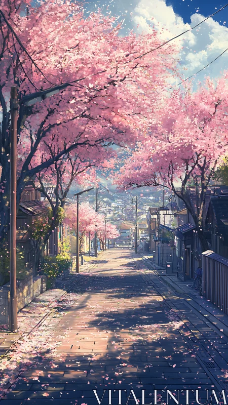 Cherry blossom street drifts into a sunlit pastel dream.