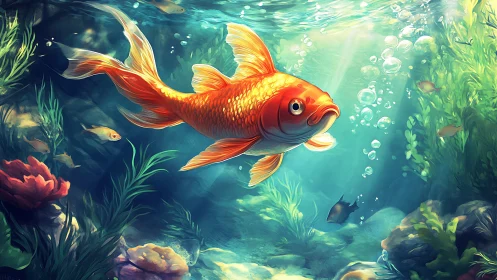 Golden daydreamer goldfish in sunlit underwater garden.